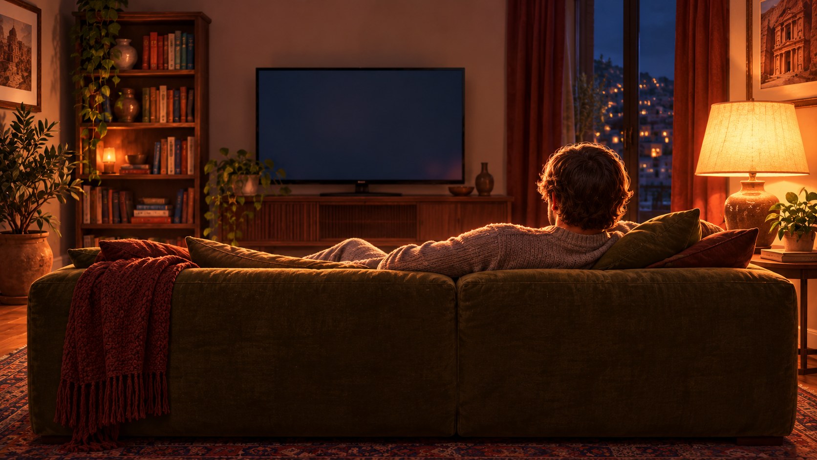 Me reclining on an olive sofa, watching TV in a warm room in Jordan.