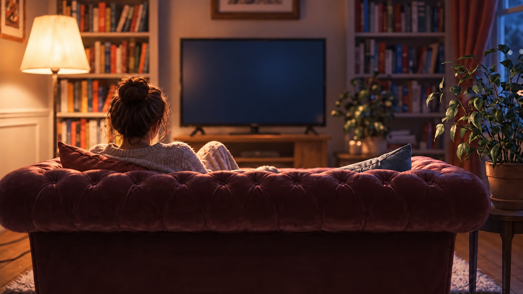 Lulu watching TV from her burgundy sofa in the warm room from our film.